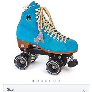 Rad Moxie “Lolly” model blue suede roller skates.